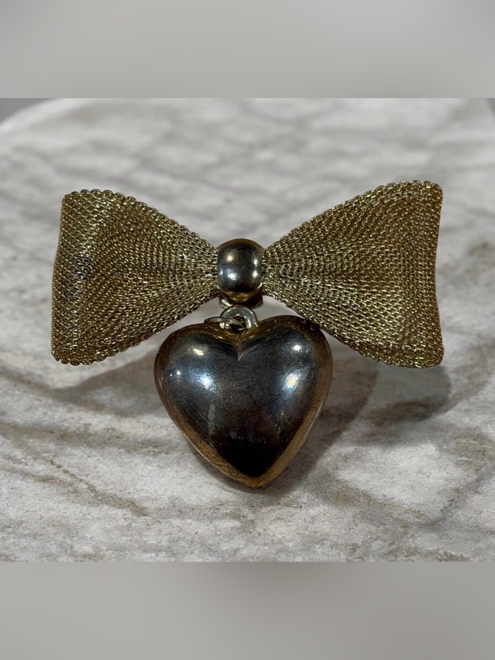 Gold-Tone Bow Brooch with Heart Charm